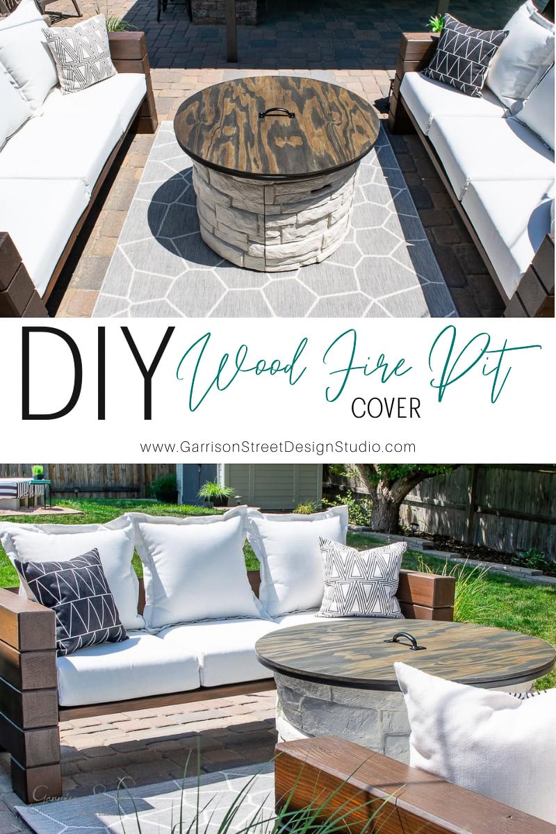 Outdoor patio scene featuring two images: one showcases a DIY fire pit with a wooden cover on a circular stone design, surrounded by cushioned seating. The other image highlights cozy seating with decorative pillows. Text reads "DIY Wood Fire Pit Cover".