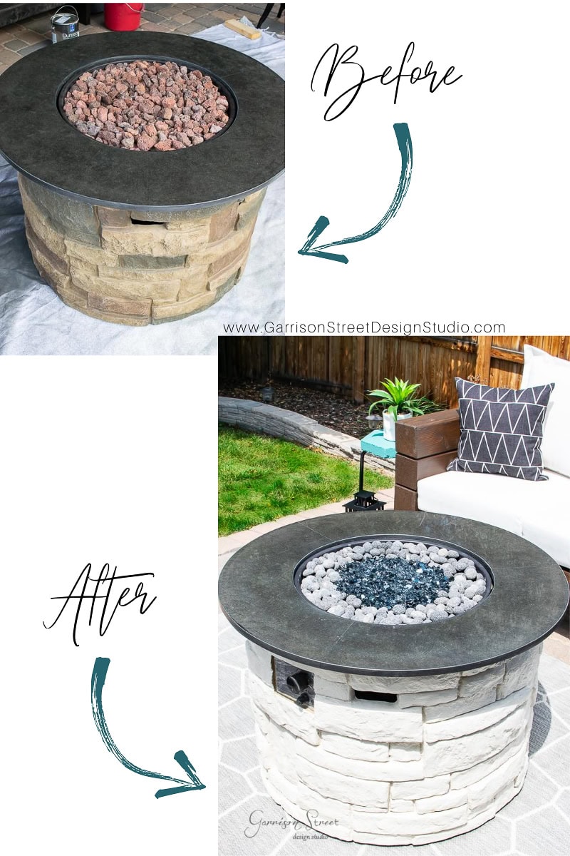 Before and after comparison of a propane fire pit makeover. The top image shows a fire pit with brown stone and red lava rocks. The bottom image reveals the same elegant transformation using sleek white stone and dark gray lava rocks.