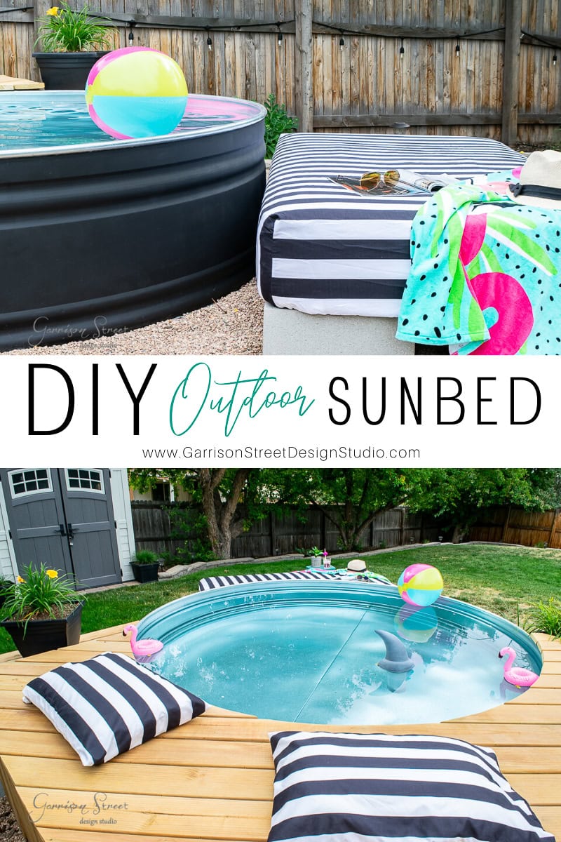 Top image shows a round, black pool next to a striped sunbed with a colorful towel and beach ball. Bottom image features the outdoor pool with flamingo cup holders, surrounded by wooden deck and garden. Text reads "DIY Outdoor Sunbed" with website link.
