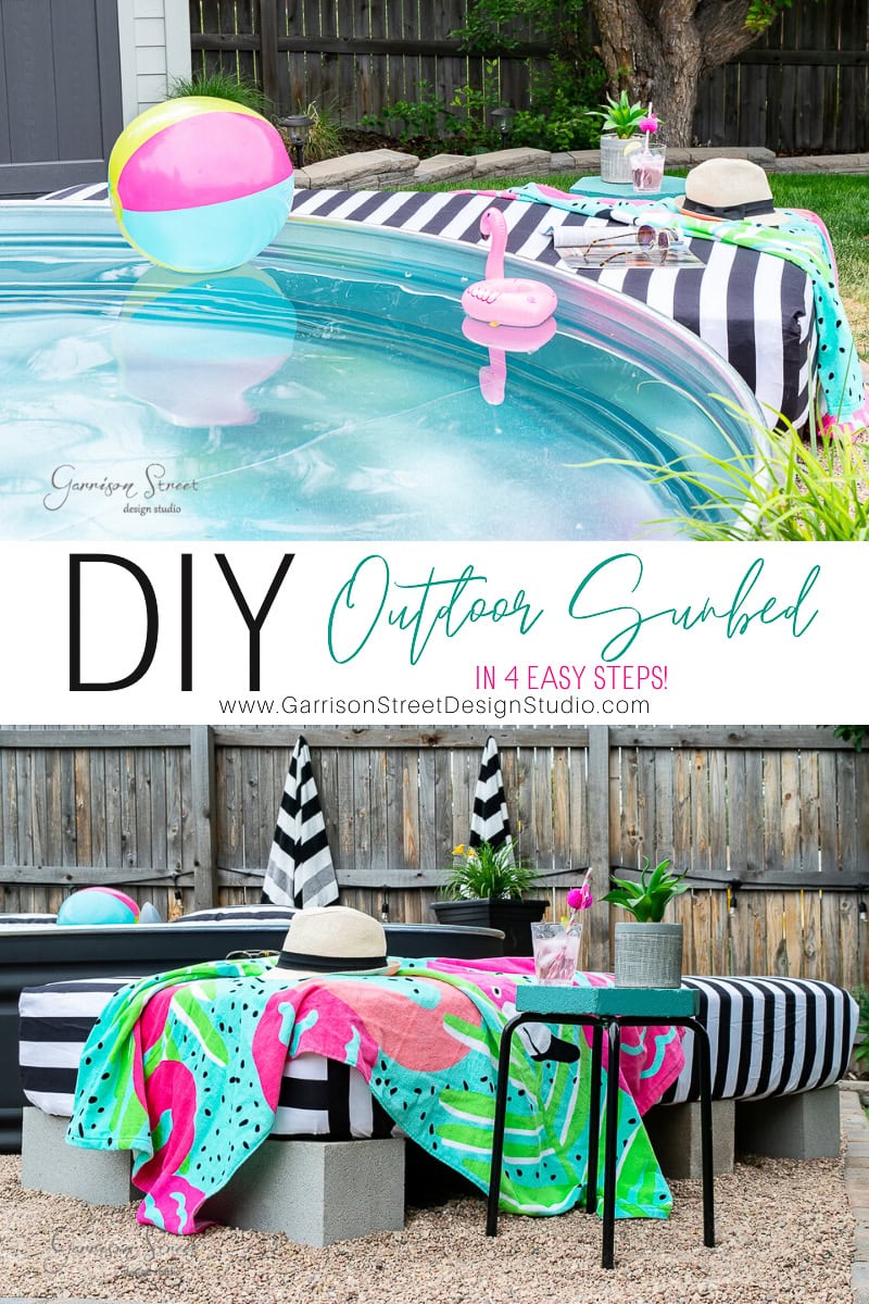 A vibrant backyard scene with a pool, striped towels, a flamingo float, and beach ball. Dive into this DIY outdoor sunbed setup with colorful accessories. Text reads: "DIY Outdoor Sunbed in 4 Easy Steps!."