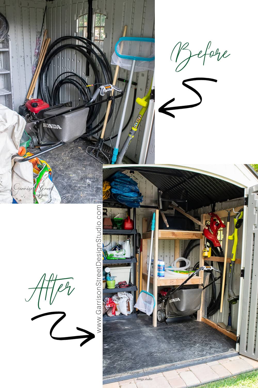 Before and after images of a garden shed highlight the DIY transformation. The "Before" section reveals a cluttered chaos with tools and hoses piled carelessly. The "After" showcases remarkable organization, featuring neatly stacked shelves and tools elegantly placed in racks.