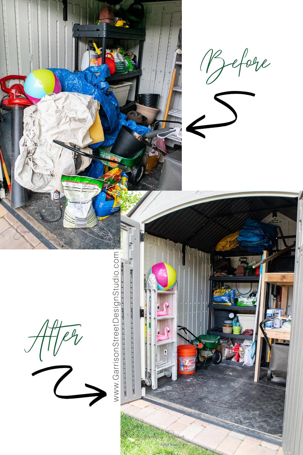 A side-by-side comparison showcases a garden shed transformation, from the cluttered "Before" view to the organized "After." With DIY flair, gardening tools, bags, a wheelbarrow, and even a beach ball now find their perfect place.