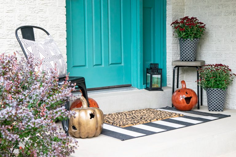 A teal-painted front door sets the stage for cozy autumn decor on the porch, framed by potted red flowers and pumpkin sculptures. A black chair with a patterned cushion and a leopard print mat accompany the black lantern, capturing the essence of fall charm.