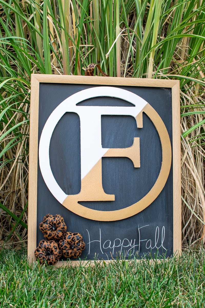 A rustic wooden frame showcases a large white and gold letter 'F' encircled, resembling a DIY wreath. Below, "Happy Fall" is inscribed in white on black. The elegant display, adorned with small decorative pine cones, stands gracefully against the backdrop of tall grass.