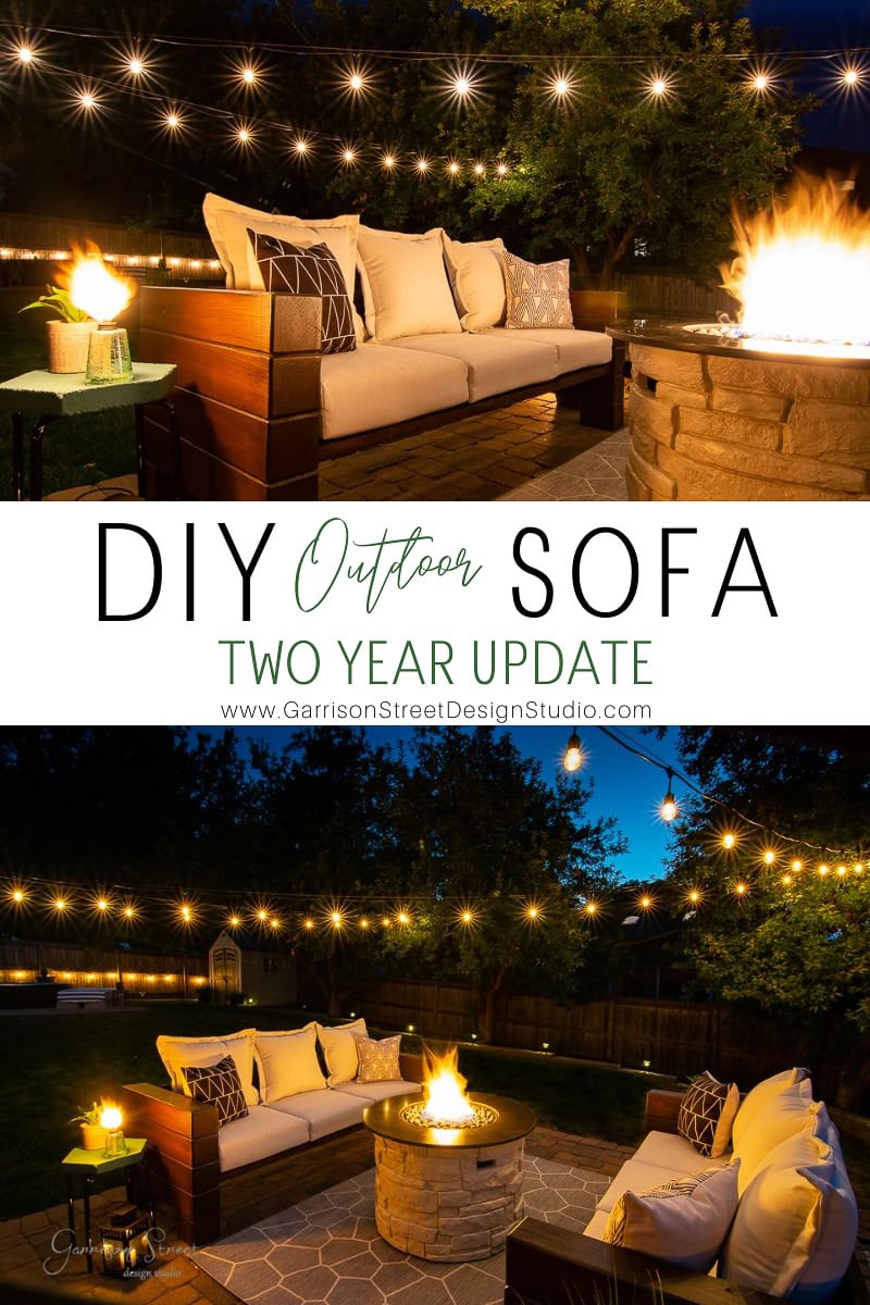 Cozy up on a DIY outdoor sofa under the glow of string lights, with a crackling fire pit at its heart. Two years on, this inviting patio space still offers warmth and comfort. Text overlay: "DIY Outdoor Sofa Two Year Update.