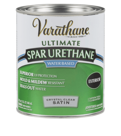 A can of Varathane Ultimate Spar Urethane, water-based, with a green and white label. Ideal for outdoor sofa protection, it offers superior UV defense, mold and mildew resistance, seals out water, and provides a crystal-clear satin finish. Suitable for exterior use. 1 quart (946 mL).