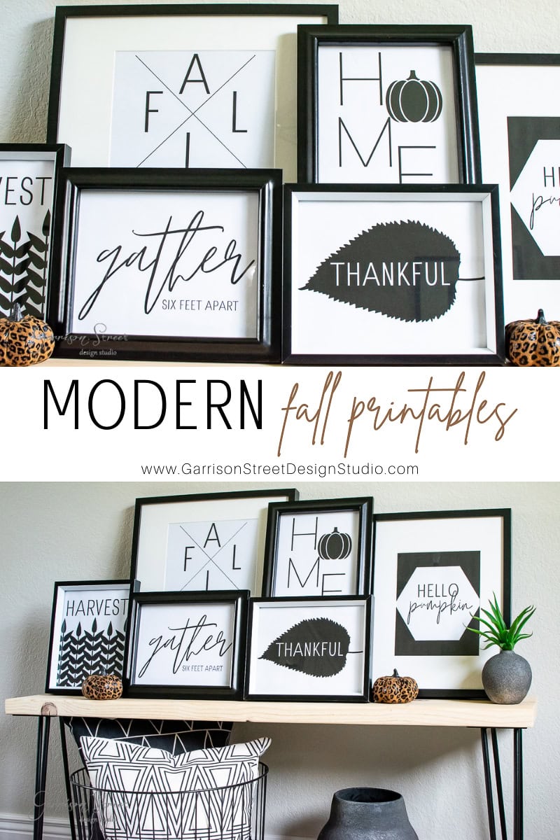 A display of modern fall-themed framed printables on a shelf, featuring words like "Thankful," "Harvest," and "Gather." The decor includes a small plant and patterned pumpkins, with a woven basket below.