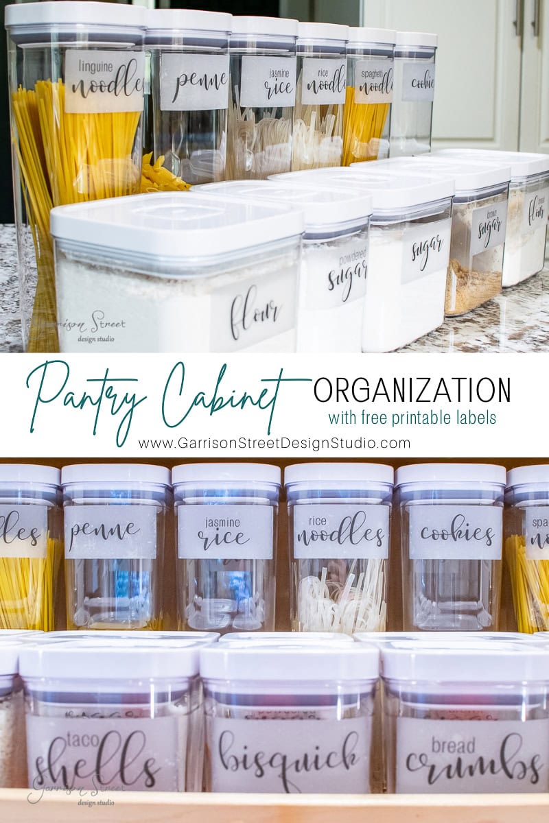 Image of a meticulously organized pantry with clear containers labeled for items like pasta, rice, cookies, flour, and sugar. The decorative labels enhance the aesthetic while the neatly aligned containers transform the cabinet into a model of efficient organization.