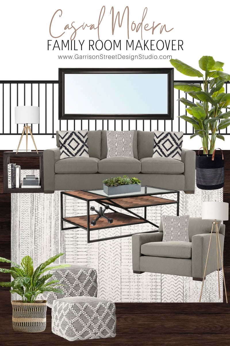 This casual family room makeover features a modern couch, patterned pillows, and a matching armchair on a textured rug. A coffee table, potted plants, floor lamp, and decorative poufs complete the look. A large mirror is mounted above, with wooden flooring throughout.