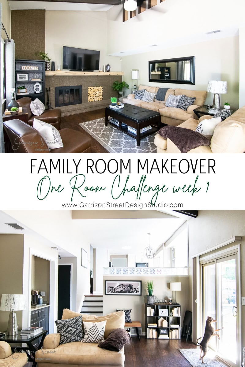 Two views of a modern family room makeover for a design challenge. The top image shows a cozy seating area with neutral tones, while the bottom highlights an open, airy space with large windows, a staircase, and a dog looking outside.