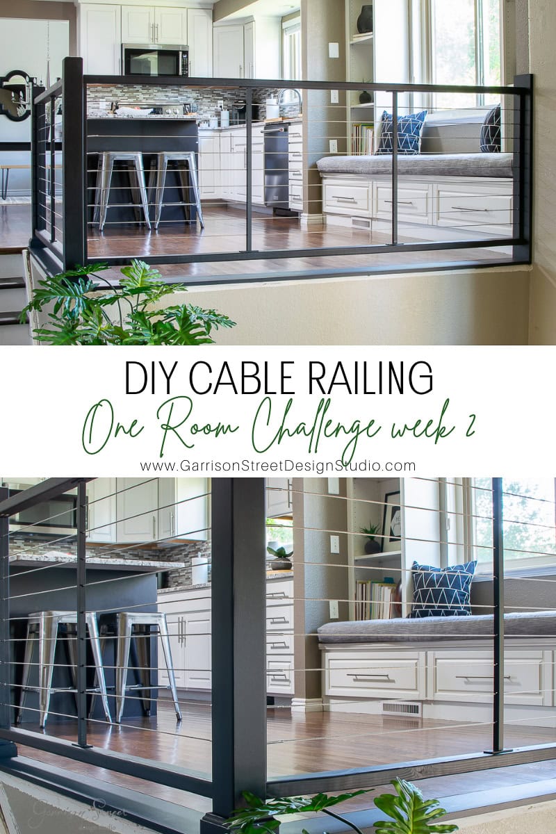 Modern kitchen and living area with sleek cable railing. The space showcases white cabinets, a built-in bench with patterned cushions, and wood flooring. Text overlay reads "DIY Cable Railing, One Room Challenge week 2," highlighting the DIY spirit behind the elegant improvement.