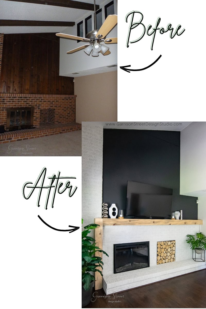 A before-and-after image of a DIY living room makeover. The before showcases a dark wood-paneled wall and brick fireplace. The after reveals a modern white and black design with a sleek fireplace, wooden mantel, decor pieces, and plants.