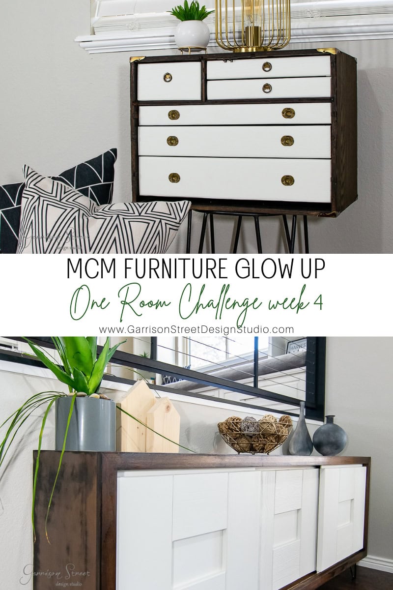 A stylishly staged room features MCM furniture with a mid-century modern dresser and white drawers, accented by chic decor including plants and geometric cushions. Text reads "MCM Furniture Glow Up, One Room Challenge week 4," with a website link below.