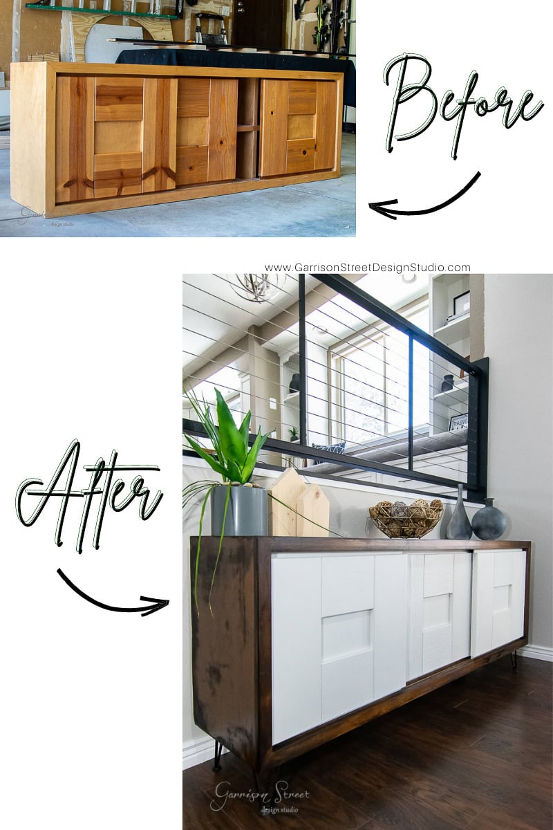 A split-image captures a furniture glow-up. The "Before" section reveals an old wooden sideboard, while the "After" showcases a stunning MCM-inspired transformation featuring a dark finish, white geometric drawer fronts, and chic decor on top.
