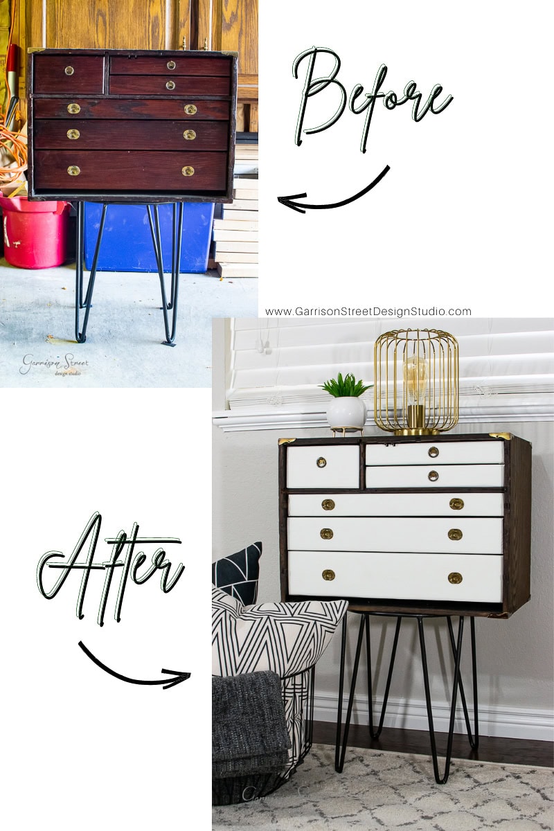 Before and after images showcase this dresser's incredible glow up. The "before" features a dark wood finish with brass handles, while the "after" reveals a modern MCM look, boasting white drawers, black handles, and added geometric decor on top.
