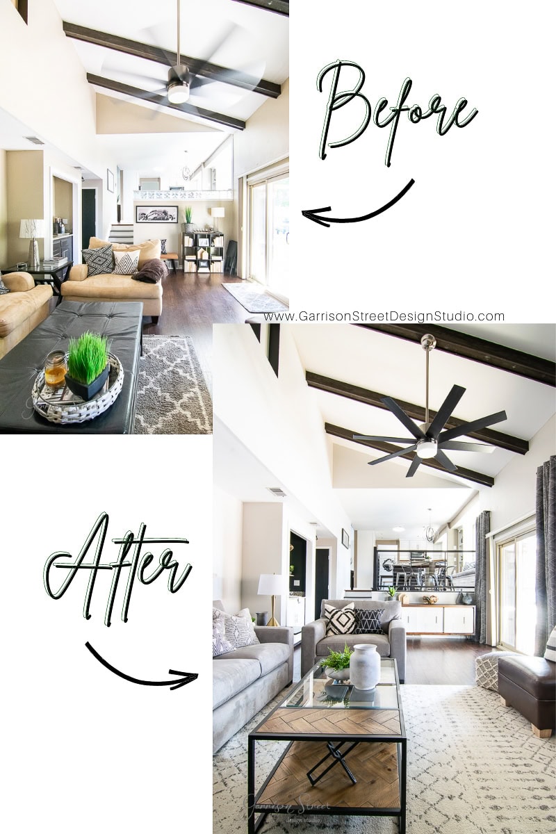A living room makeover comparison: The "before" image captures a cozy, neutral-toned arrangement with dark floors and a fan. The "after" reveal showcases a modern family room, boasting an airy feel with more light and refreshed interior design.