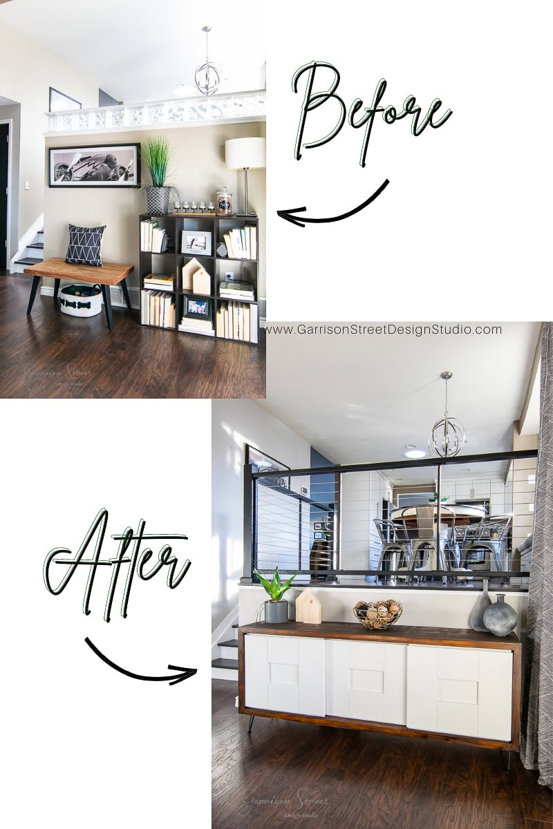 A before-and-after family room transformation. The "before" image shows a cozy space with a bookshelf and decor. The "after" reveal presents a modern, open design with a sleek sideboard and metallic accents. Text reads "Before" and "After" with arrows.
