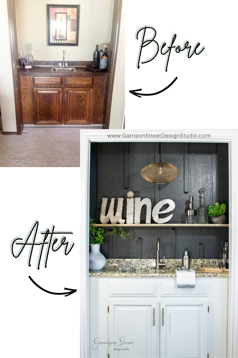Top image: A small wooden bar cabinet with a mirror and decorative items. Text reads "Before." Bottom image: A remodeled wet bar area with white cabinets, a floating shelf adorned with the word "wine," and decorative plants. Text reads "After.