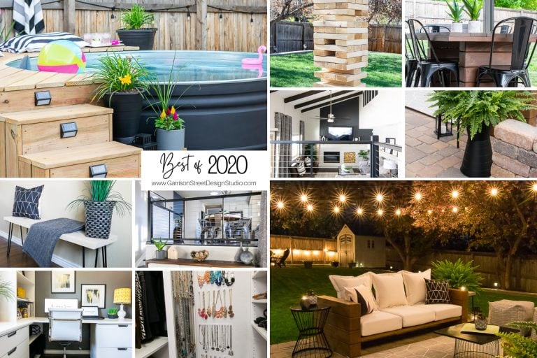 Collage of outdoor and indoor decor: pool with wooden steps, giant Jenga game, dining table, desk with chair, kitchen view, string lights over patio, and home office with a jewelry organizer. Text: "Best of 2020" and website address.