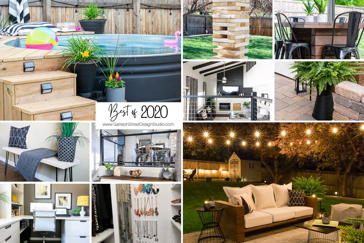 Collage of outdoor and indoor decor: pool with wooden steps, giant Jenga game, dining table, desk with chair, kitchen view, string lights over patio, and home office with a jewelry organizer. Text: "Best of 2020" and website address.