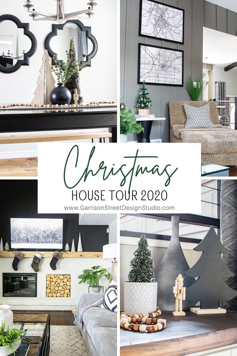 Experience a 2020 Christmas house tour showcasing festive decor. Discover a cozy living room with a fireplace, stockings, and trees adorning the mantel. The dining area exudes elegance with modern wall art and an inviting aesthetic, crafting the perfect holiday atmosphere.