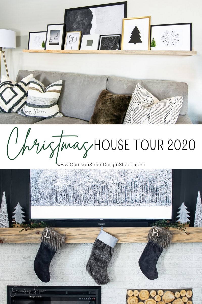 Collage of a Christmas-themed living room from Garrison Street Design Studio's 2020 Christmas house tour, featuring framed art, festive pillows, and stockings hanging by a mantle decorated with holiday ornaments.