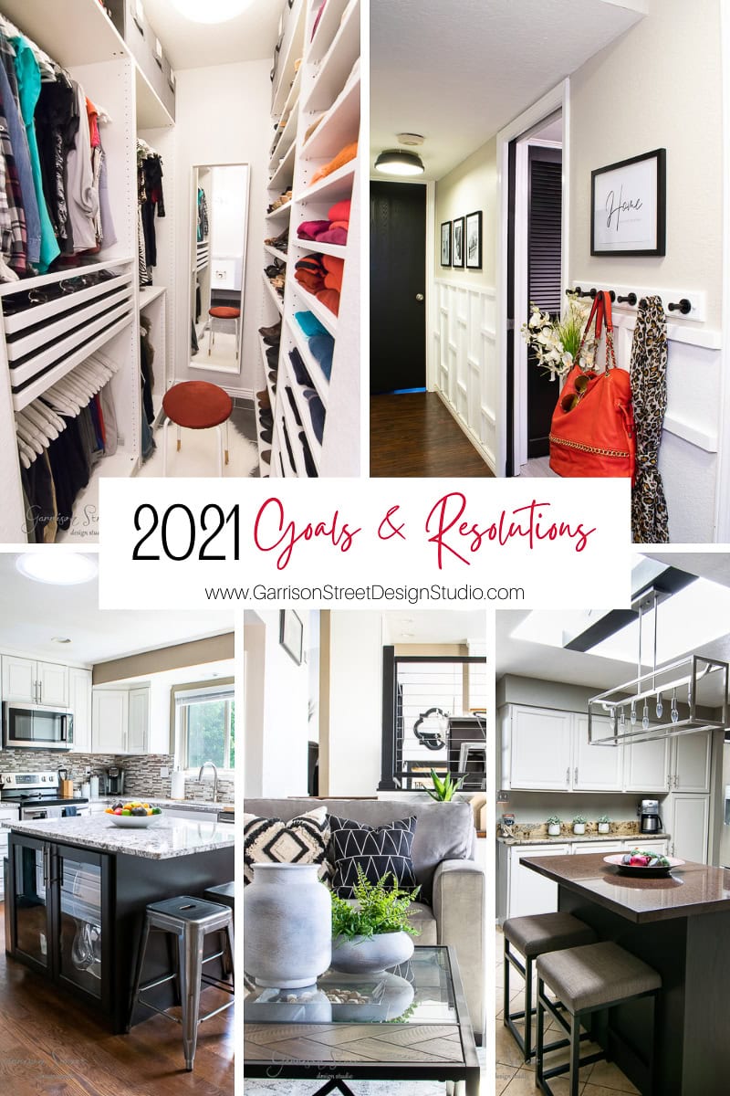 A collage of home interiors flaunts a 2021 vibe, featuring a walk-in closet, an entryway with decorative bags, a modern kitchen with an island, and a cozy living area with patterned cushions. Text in the center reads "2021 Goals & Resolutions.