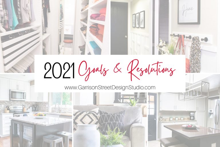 A collage of stunning interior design images showcases organized closets, a sleek kitchen, a cozy living room, and an inviting entryway. The text in the center reads "2021 Goals & Resolutions," perfectly capturing your aspirations. Visit our website for more inspiration!.