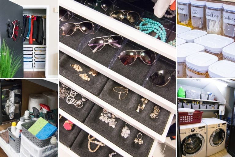Collage of organization ideas: a closet with hanging clothes and storage bins, a drawer showcasing sunglasses and jewelry, labeled spice jars, a shelf stocked with cleaning supplies, and a well-arranged laundry room featuring a washer, dryer, and shelves filled with laundry baskets.