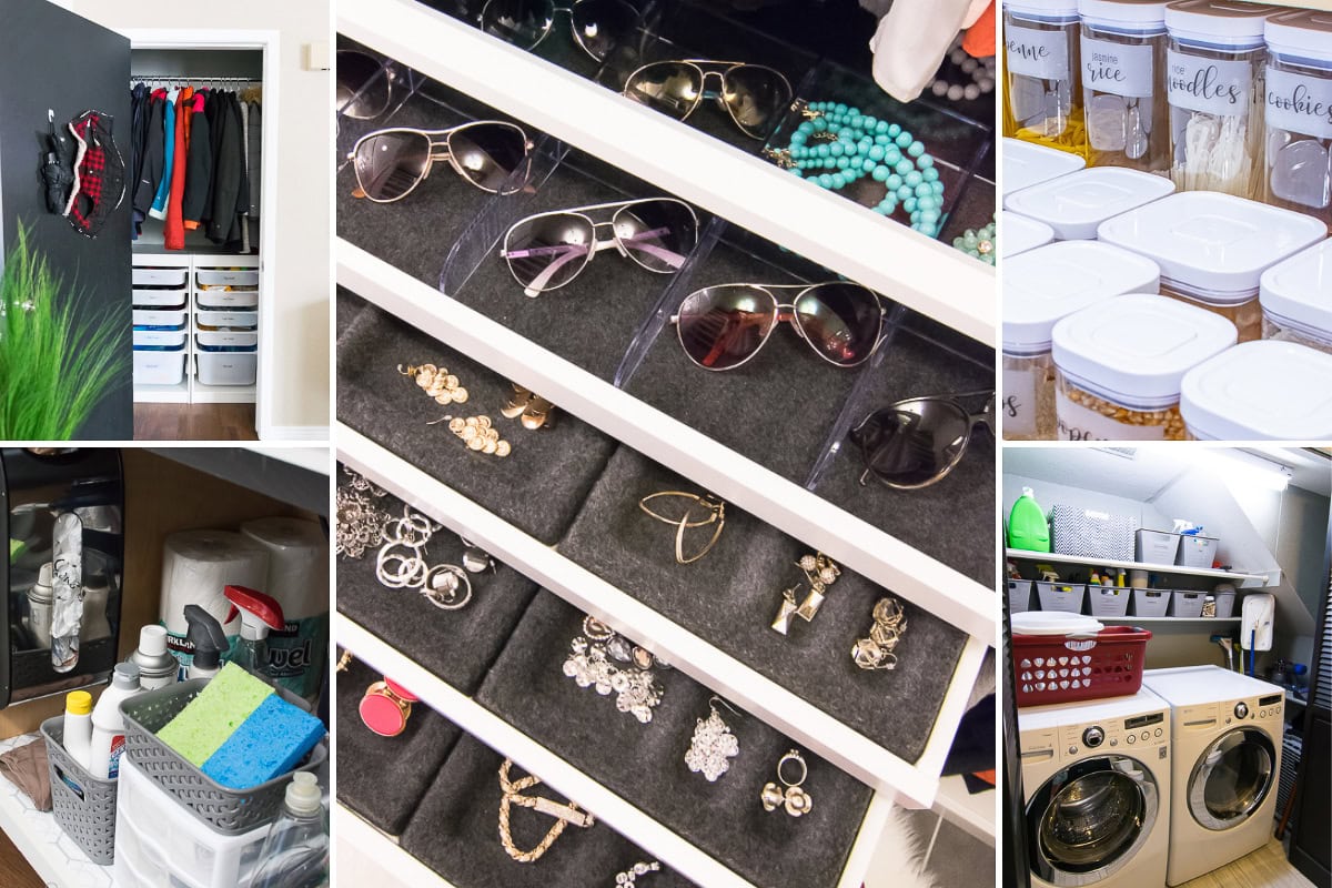 Collage of organization ideas: a closet with hanging clothes and storage bins, a drawer showcasing sunglasses and jewelry, labeled spice jars, a shelf stocked with cleaning supplies, and a well-arranged laundry room featuring a washer, dryer, and shelves filled with laundry baskets.