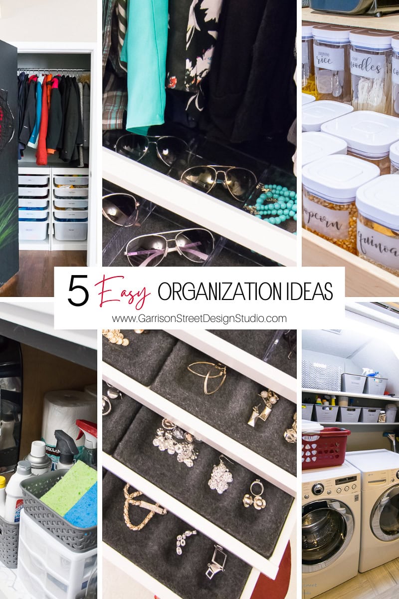 Collage of organization ideas: clothes neatly arranged in a closet, sunglasses displayed in a drawer, labeled spice jars, organized cleaning supplies, jewelry in a velvet tray, and a tidy laundry room with baskets. Text overlay reads "5 Easy Organization Ideas.
