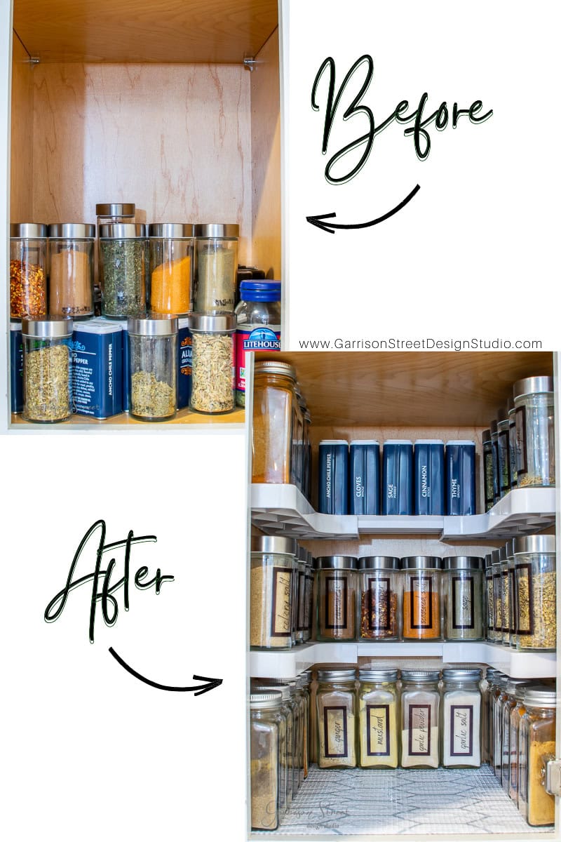 Before and after images of a pantry cabinet highlight the transformation. The top image reveals a chaotic shelf with mismatched spice jars, while the bottom showcases impressive organization with neatly arranged, labeled glass jars and uniform metal containers.