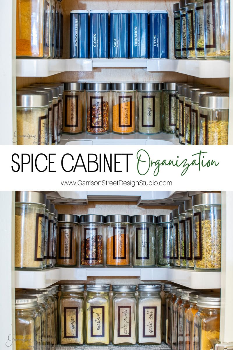 A well-organized spice cabinet showcases labeled glass jars and canisters brimming with various spices. Small blue containers line the top shelf. A banner proudly displays "Spice Cabinet Organization" along with a website link, highlighting impeccable organization for spice enthusiasts.