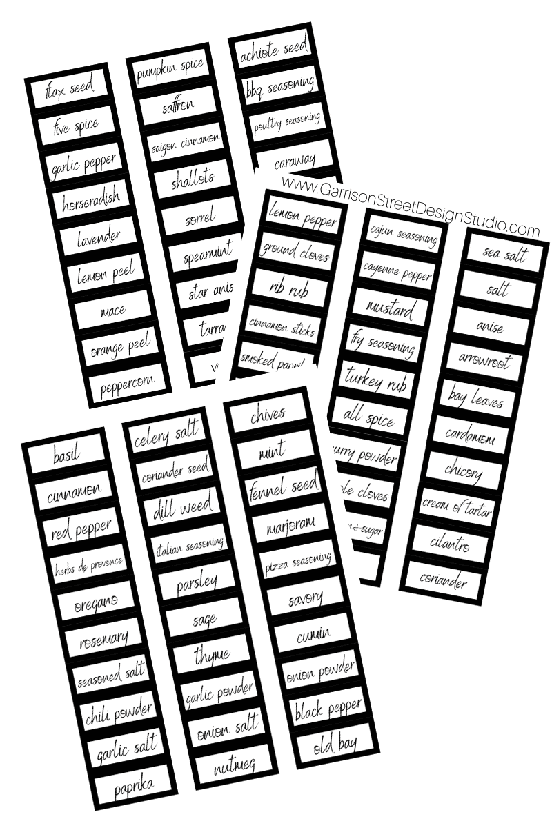 A striking black-and-white image showcases spice jar labels like garlic powder, cumin, basil, and cinnamon. Artfully arranged in groups with diverse handwriting styles, this collection highlights the elegant organization of a well-stocked spice cabinet.