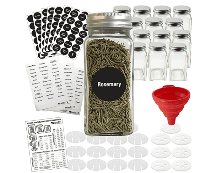 A spice labeling kit for perfect cabinet organization, featuring a jar labeled "Rosemary," surrounded by 12 empty glass jars with silver lids, a red funnel, black circular labels, pre-printed spice labels, shaker tops, and measurement conversion charts.