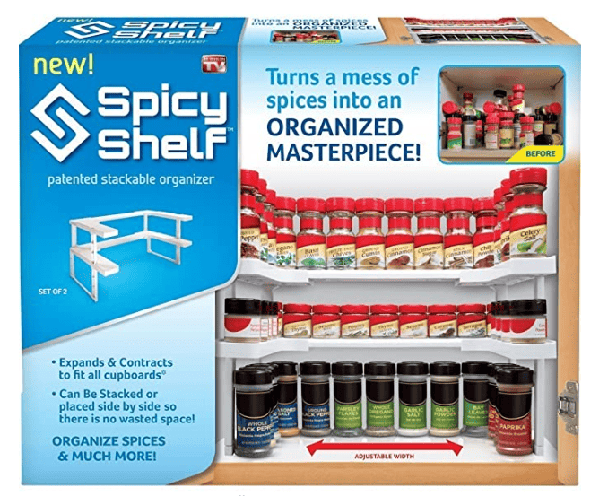 A Spicy Shelf stackable organizer inside a cabinet efficiently arranges various spice jars. The display shows two tiers with spices neatly organized, highlighting its expandable feature and organizational benefits, with an illustrative "before" picture.