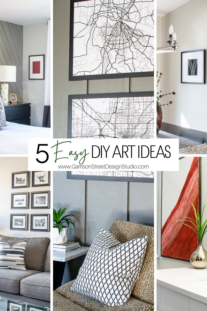 Collage of home interiors featuring five DIY art ideas. Highlights include abstract wall art, geometric patterns, framed maps, a cozy living room with a DIY art display, and a modern red painting. Text reads "5 Easy DIY Art Ideas" with a website link.
