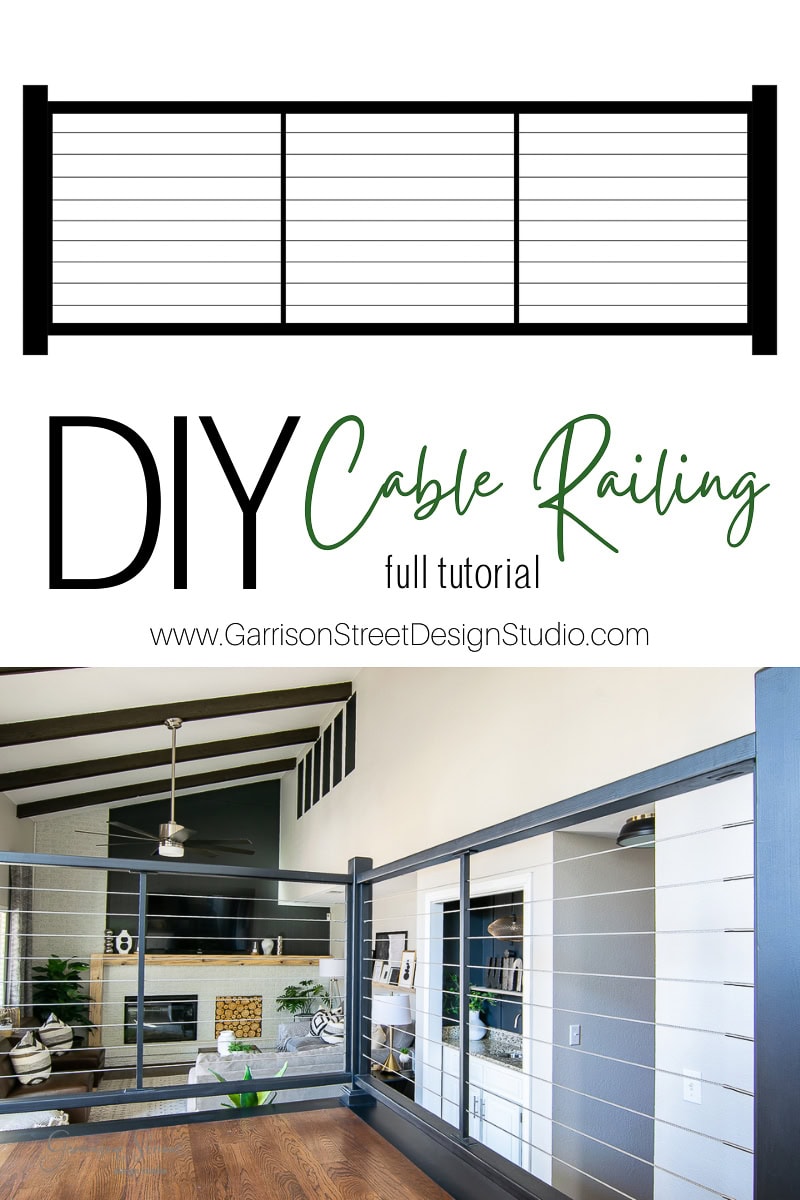 A stylish, modern living room showcases a sleek DIY cable railing. The image captures elegant black railings with horizontal cables, offering a chic touch. Text reads "DIY Cable Railing full tutorial" directing to Garrison Street Design Studio's website for more inspiration.