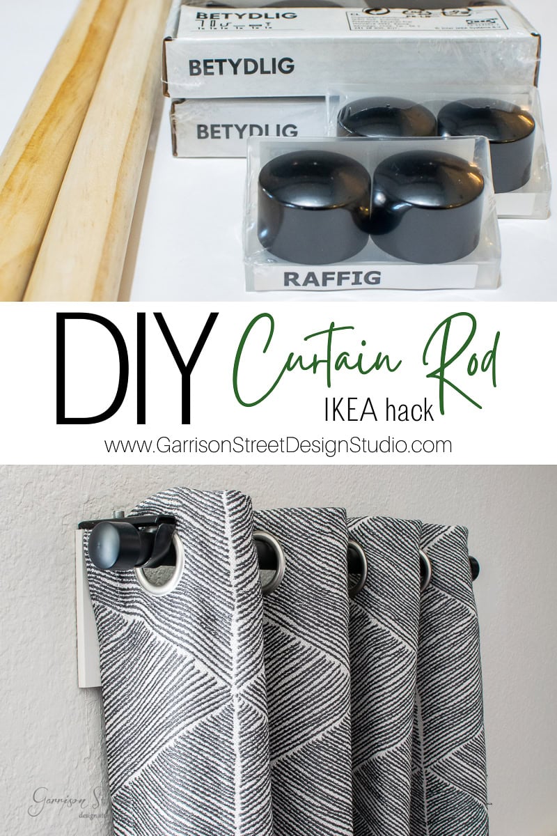 Explore the ultimate DIY curtain rod project with IKEA essentials. The image highlights wooden dowels paired with "BETYDLIG" brackets and "RAFFIG" finials, elegantly holding gray and white patterned curtains. This project showcases simplicity and style using versatile IKEA products.