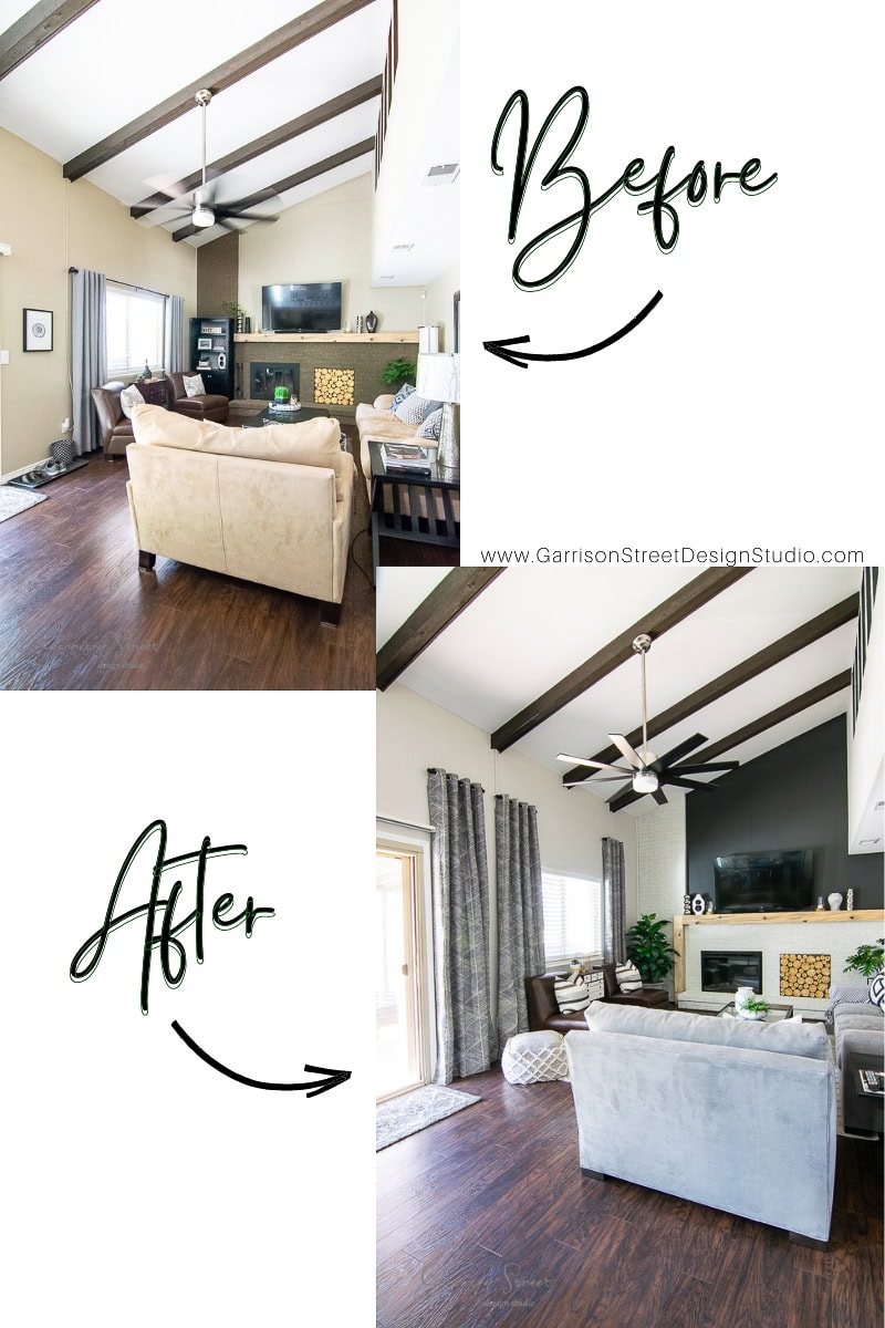 Experience a stunning DIY living room transformation featuring exposed wooden beams. The 'before' image highlights neutral seating and a fireplace, while the 'after' reveals an IKEA-inspired space with updated furniture and decor. This change emphasizes a fresh, modern look complete with chic curtain rods.