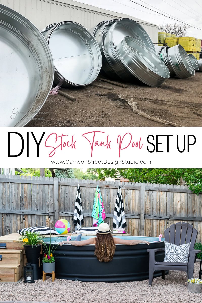 The image shows a DIY guide for setting up a stock tank pool. The top half displays large stock tanks leaning against a building, while the bottom half captures someone relaxing in their backyard pool, surrounded by lush plants and inviting chairs.