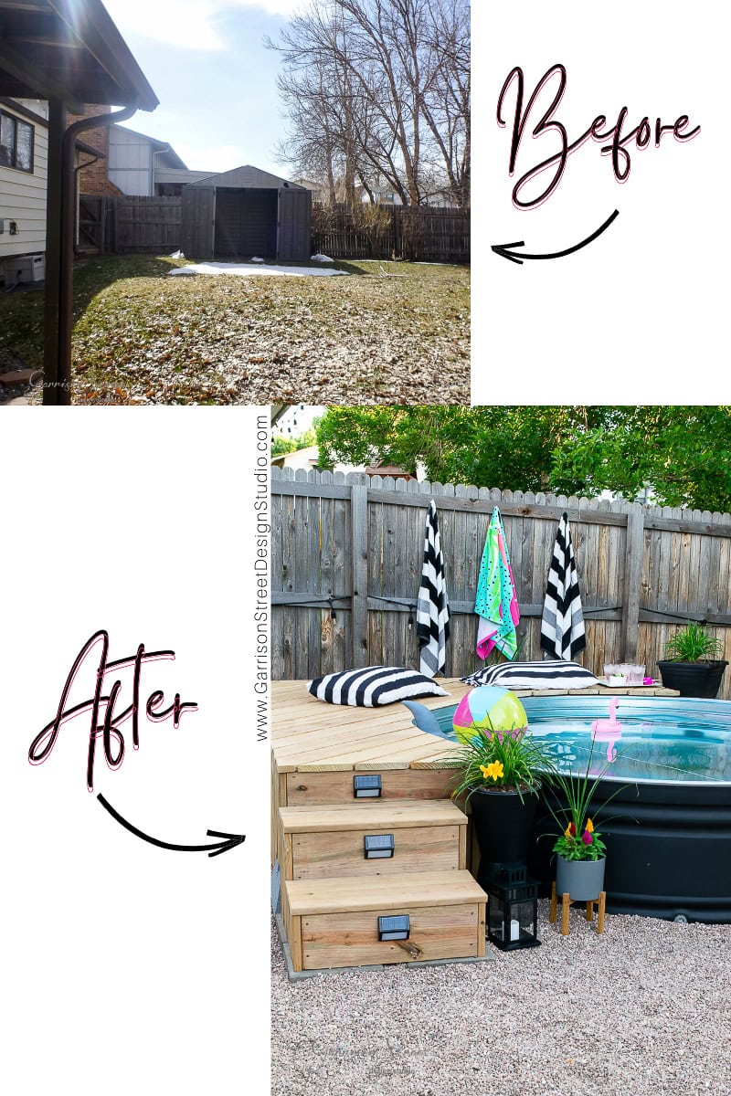 Two images showcase a backyard transformation. The "before" image has a plain, snowy yard with a small shed. The "after" image features a vibrant garden with a stock tank hot tub, wooden steps, colorful towels, and decorative plants.