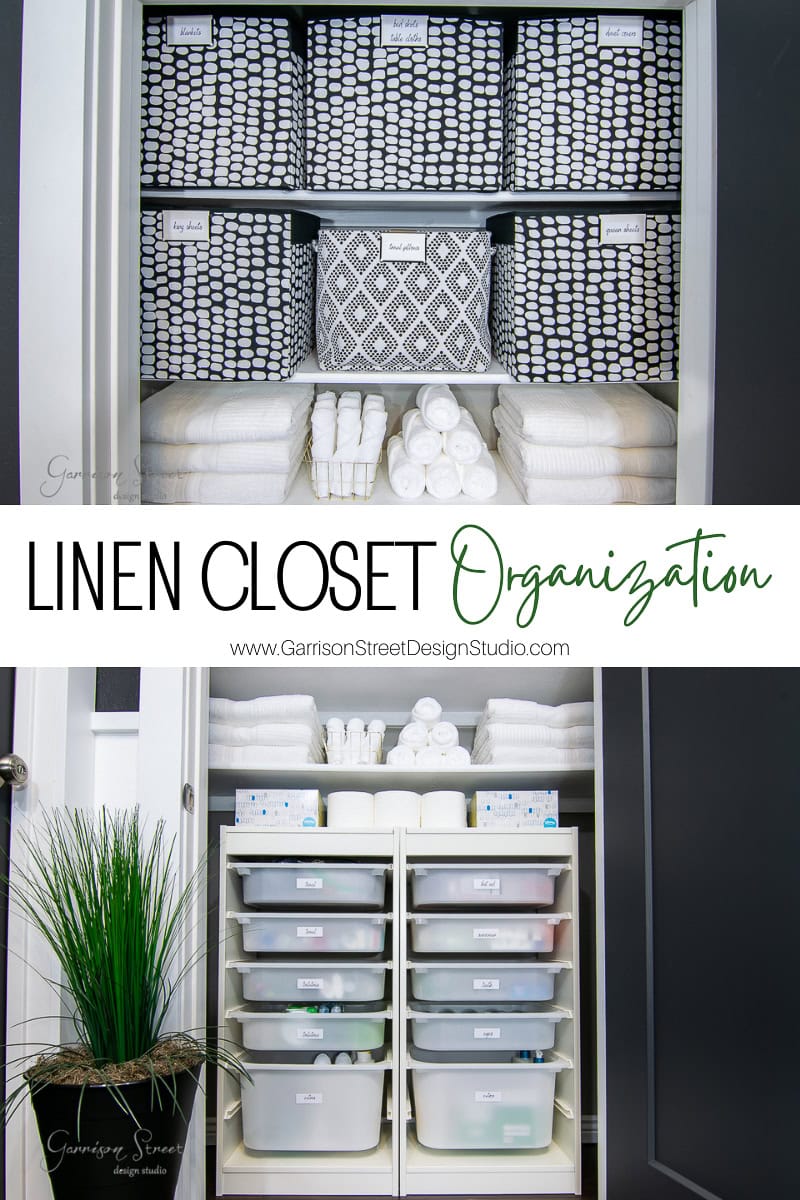 An organized linen closet makeover features labeled baskets and neatly stacked towels on shelves. Below, a storage unit contains clear bins with additional items. A small plant sits beside the storage unit. Text reads "Linen Closet Organization" with a website link.