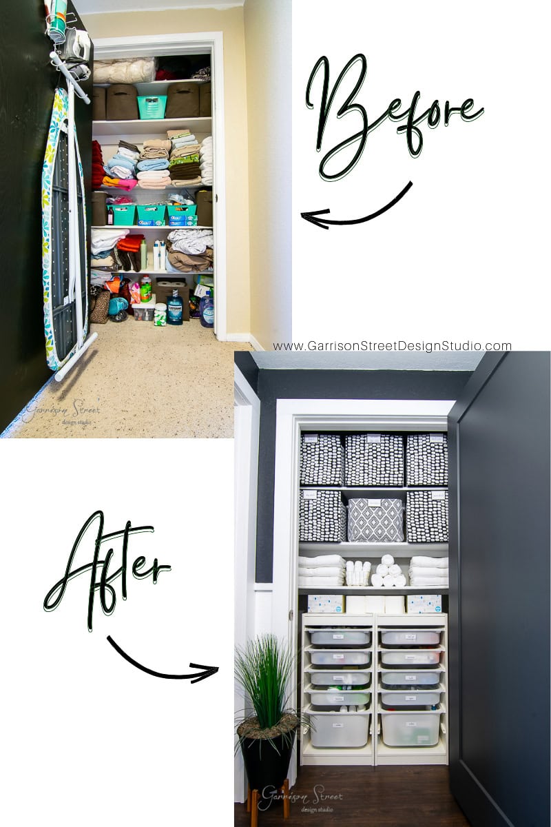 Split image showcasing a linen closet makeover. Top: Cluttered space overflowing with assorted towels and items. Bottom: Transformed, organized closet with neatly folded towels, labeled bins, and decorative storage boxes. Arrows and "Before" and "After" text highlight the stunning change.