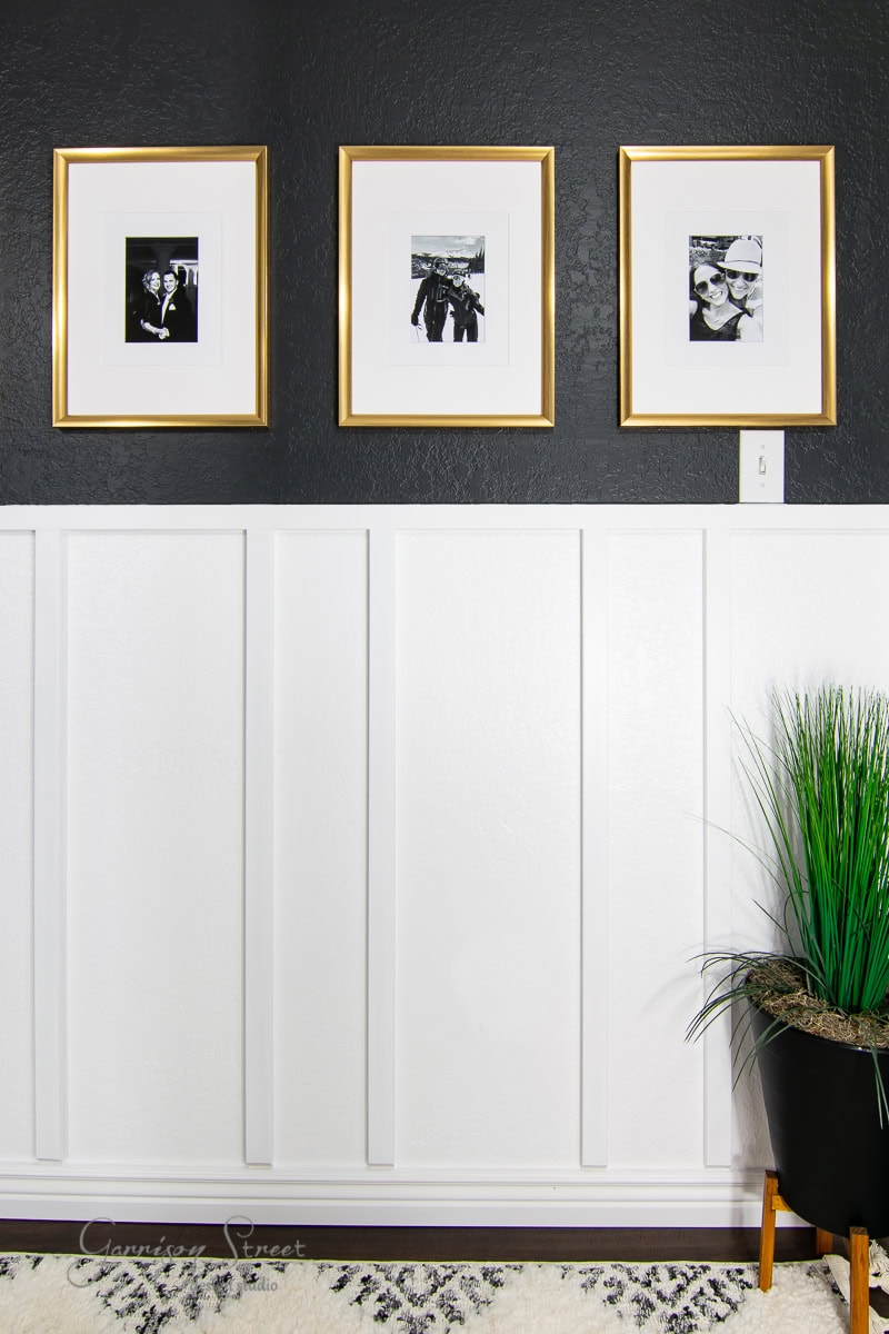 A modern interior showcases a black wall adorned with three monochrome photographs in oversized gold picture frames. The lower half is elegantly finished with white paneling. An artfully placed potted plant sits on a mat-covered rug in the foreground, adding a touch of greenery.