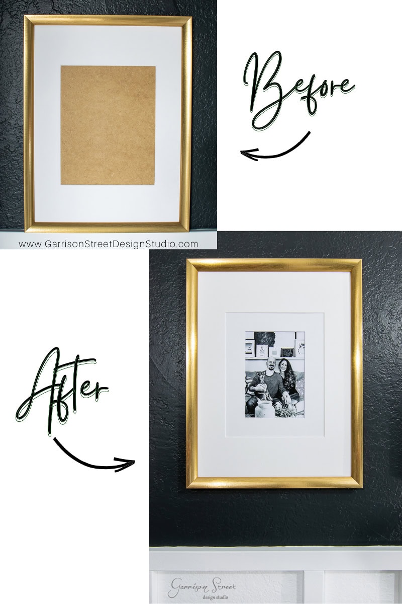 An oversized picture frame with brown paper labeled "Before" features an arrow pointing to another frame below. The bottom frame showcases a black-and-white photo of people, labeled "After." Both frames, adorned with gold edges and a subtle mat finish, stand out against the dark wall.