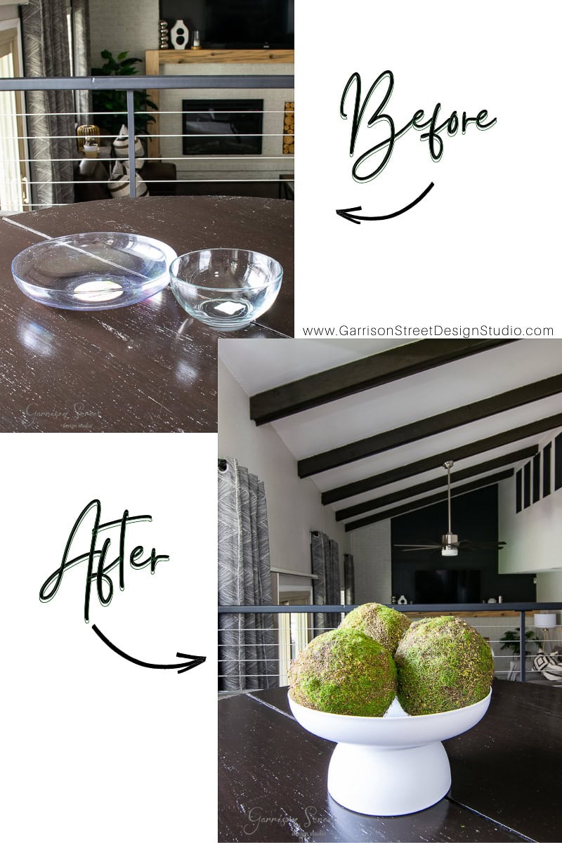A kitchen table makeover showcases transformation through a creative DIY touch. The "Before" features two clear glass bowls on wood, while the "After" highlights a white pedestal bowl brimming with green moss balls. In the background, a cozy living area with curtains and a TV adds charm to the scene.
