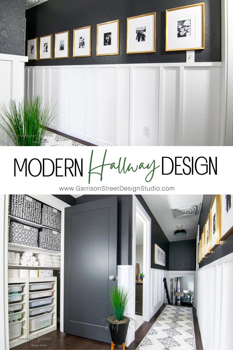 A modern hallway showcases white wainscoting and dark upper walls, enhanced by a gallery of framed photos. A sleek closet boasts organized shelves and storage boxes. The patterned runner on the floor complements this stylish space, while a DIY board and batten wall adds unique character.