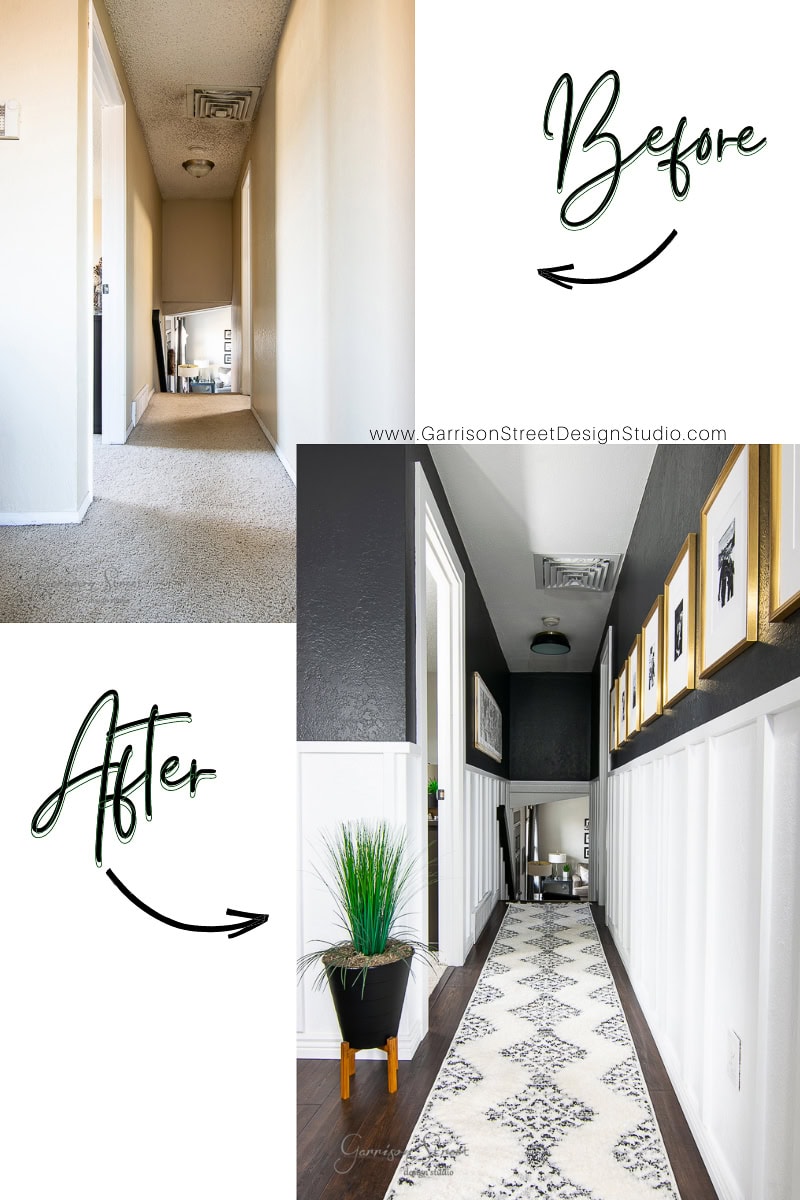 Side-by-side images showcase a hallway's transformation. The "before" image displays a plain carpeted space. In the "after," modern elegance shines with dark board and batten walls, framed pictures, a patterned rug, and a vibrant plant.
