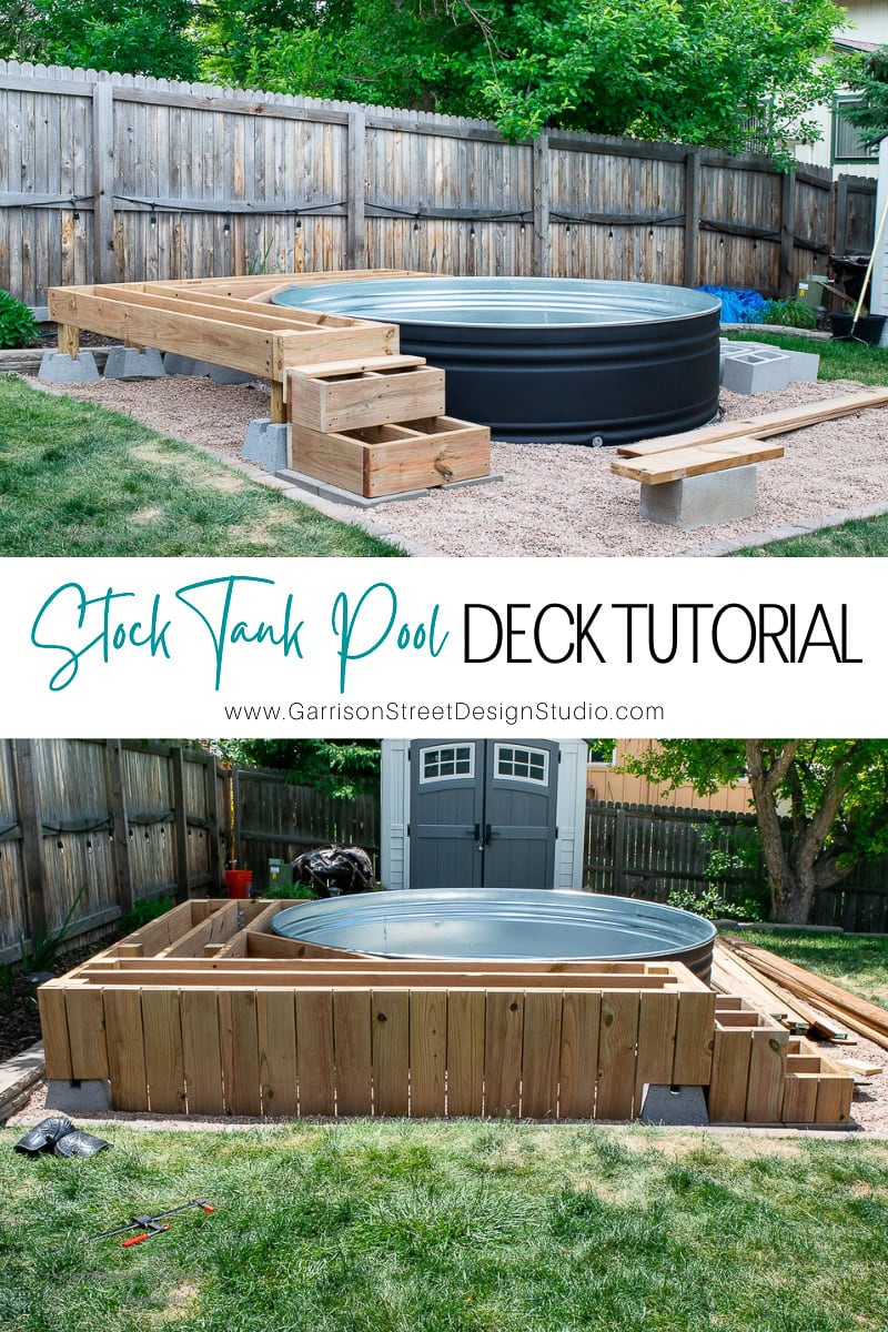 The perfect summer retreat, this outdoor setup boasts a round stock tank pool embraced by a wooden deck. The deck extends gracefully with steps and a platform, nestled in a backyard oasis complete with a wooden fence and lush green grass.